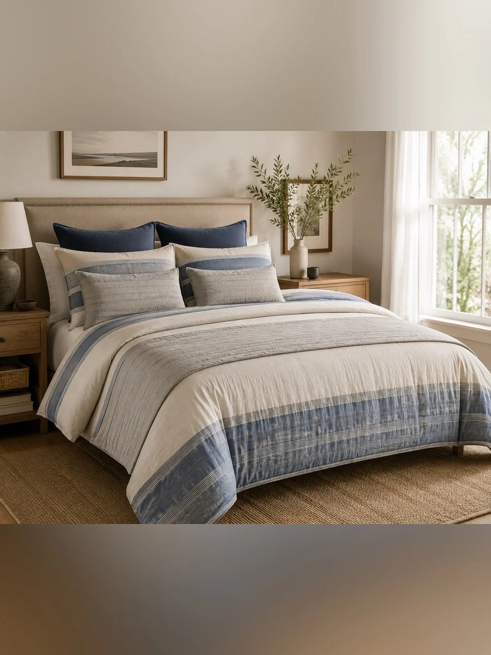 Hotel Collection Blue and Cream Striped Comforter Set